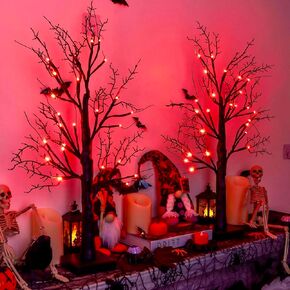 Halloween Decorations Indoor 2 Pack 24 Inch Halloween Black Tree with 48 Orange Purple Lights, Timer/USB/Battery Operated Tabletop Lighted Halloween Spooky Tree for Halloween Table Decor Home Indoor