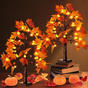 Fall Tree with Lights Thanksgiving Decorations: 2 Pack 2 FT Artificial Maple Leaf Trees 24 LED Lighted Light Pumpkin with Acorns Pinecone Battery Operated Indoor Outdoor Home Table Room Autumn Decor
