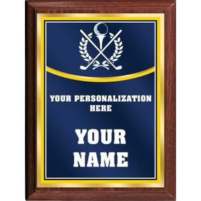 Crown Awards Golf Personalized Plaque Award, 6x8 Color Printed Metal Plate with Custom Engraving, Navy Blue with Gold with Gold Plaque On Wood Finish Prime