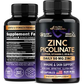 Zinc Picolinate 50mg - Zinc Supplement with Copper, Vitamin D3 & B6 - Stomach Friendly | Slow Release Zinc - Immune Support & Skin Health - High Absorption with BioPerine & Vitamin C - 60 Capsules
