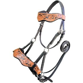 Genuine Leather 2 Tone Sidepull Bitless Bridle | Wavy Browband & Noseband | Stainless Steel Hardware | Cow Soft Leather Padding | Antique Bridle|