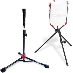 PowerNet Corbin Carroll Baseball Softball Deluxe (2.5 lbs) Batting Tee + Bucket Caddy Lifter Bundle, Training and Drills, Adjustable Height Tee 27.5" - 44", Lifter Holds All Standard Buckets