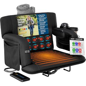 Alpcour Heated Massage Reclining Stadium Seat for Bleachers – Wide Bleacher Chair with Back Support and Cushion, Armrests, Large Pockets, and Multiple Safety Features – Best Stadium Seats Chairs