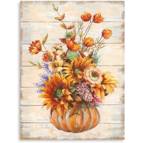 Yidepot Fall Flower Pumpkin Vase Picture: Sunflower Kitchen Wall Decor Autumn Vintage Inspirational Wooden Background Print for Girls' Bedroom Yellow Blooming Flowers Framed Ready to Hang