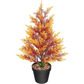 HUAESIN 18 inches Fall Trees Small Fake Plants Fall Decoration for Home Artificial Cedar Topiary Potted Tabletop Trees for Indoor Office Farmhouse Outdoor Harvest Halloween Thanksgiving Day