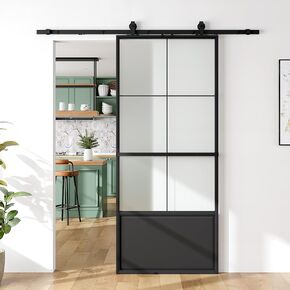 SmartStandard 42in x 84in Frosted Glass Sliding Barn Door,6-Panel Glass with Hardware Kit Included and Soft-Close,Aluminum Frame with Door Guides Waterproof & Quiet,Pre-Drilled Holes Easy Assembly