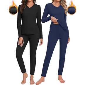 Neer 2 Sets Thermal Underwear for Women, V Neck Fleece Lined Base Layer Top and Bottom Soft Cold Weather Pajama Sets