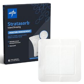 Medline Stratasorb Sterile, 6" x 6" Composite Island Dressing with Non-Adherent Gauze Pad, Waterproof Back, Covers & Protects Wounds, Lasts Up to 7 Days, 6 Per Box, Not Made with Natural Rubber Latex