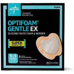 Medline Optifoam Gentle EX Bordered Foam Adhesive Dressing, 9" x 9" Sacral (5 Count)