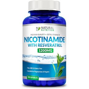 Natural Vitamin Extra Strength Nicotinamide with Resveratrol 1200mg (Vitamin B-3) 120 Veggie Capsules Gluten Free & Non-GMO