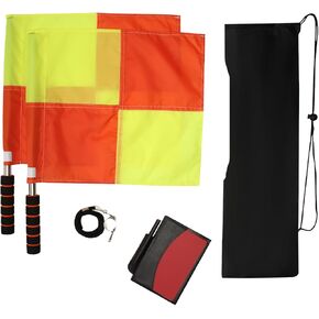 Soccer Referee Kit 2 Pcs Checkered Linesman Soccere Flags, Red Yellow Ref Cards with Notebook and Pencil,Coach Stainless Steel Whistles with Storage Bag