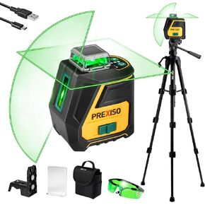PREXISO 360 Laser Level with Tripod - IP54 Rechargeable Wide Angle Vertical Line Laser, 100Ft Green 3 Brightness Adjustment Self Leveling Cross Line for Construction, Floor Tile, Renovation