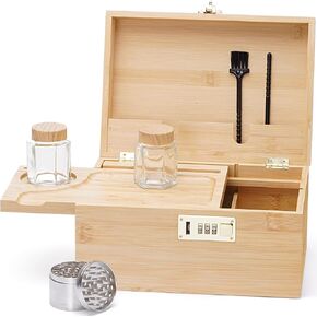 Large bamboo box, locked storage decorative box with combination lock, wooden lock box with lid, wooden locked storage box with removable tray and jars