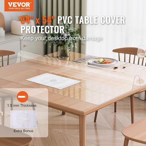 VEVOR Plastic Table Cover, 54 x 54 Inch 1.5 mm Thick Clear Table Protector, Square PVC Desk Mat, Waterproof & Easy Cleaning Desk Pad Tablecloth, for Office Dresser Dining Room Table Night Stand in Saudi Arabia