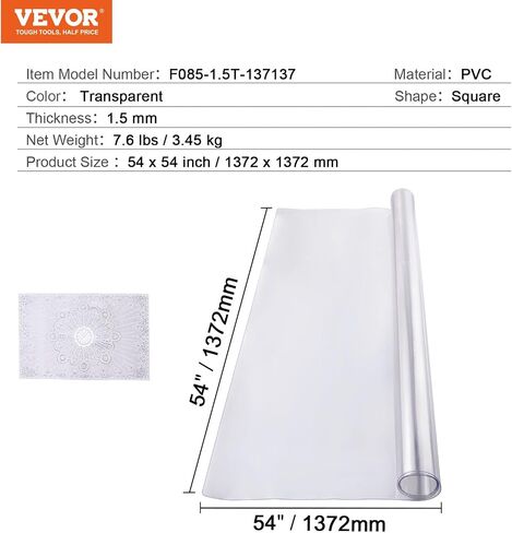 VEVOR Plastic Table Cover, 54 x 54 Inch 1.5 mm Thick Clear Table Protector, Square PVC Desk Mat, Waterproof & Easy Cleaning Desk Pad Tablecloth, for Office Dresser Dining Room Table Night Stand in Saudi Arabia