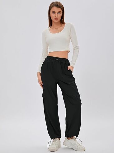 Bloggerlove Womens Cargo Pants Wide Leg Jogger Y2K Parachute Drawstring Waist Casual Baggy Pant with Pockets Trendy in Kuwait