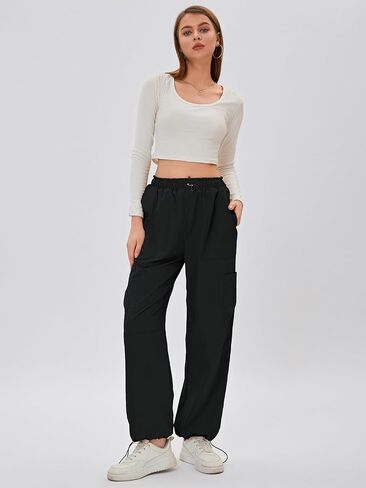 Bloggerlove Womens Cargo Pants Wide Leg Jogger Y2K Parachute Drawstring Waist Casual Baggy Pant with Pockets Trendy in Kuwait
