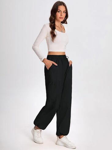 Bloggerlove Womens Cargo Pants Wide Leg Jogger Y2K Parachute Drawstring Waist Casual Baggy Pant with Pockets Trendy in Kuwait