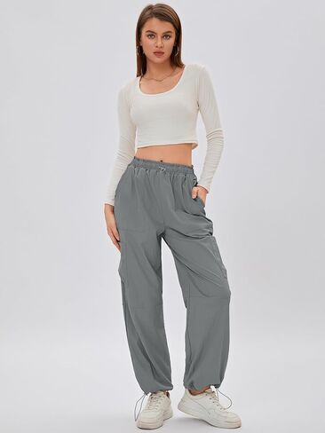 Bloggerlove Womens Cargo Pants Wide Leg Jogger Y2K Parachute Drawstring Waist Casual Baggy Pant with Pockets Trendy in Kuwait