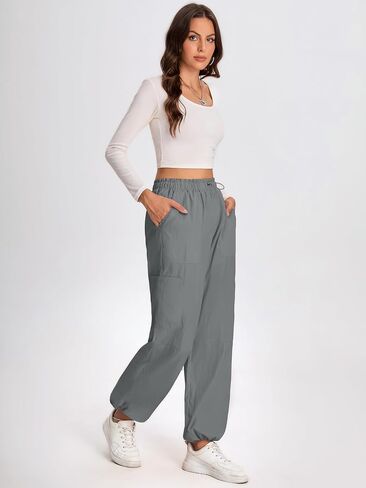 Bloggerlove Womens Cargo Pants Wide Leg Jogger Y2K Parachute Drawstring Waist Casual Baggy Pant with Pockets Trendy in Kuwait