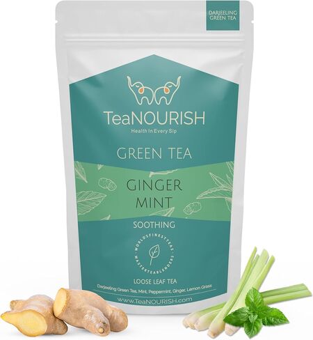 TeaNOURISH Ginger Mint Green Tea | Relaxing & Calming | Premium Darjeeling Loose Leaf | Immune Support Tea for Daily Wellness | 50 Cups Hot Tea or Iced Tea - 3.53oz/100g in Saudi Arabia