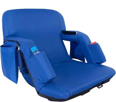 مقعد استاد قابل للطي مع دعم خلفي قابل للتعديل - كراسي مبيض عادية مقاس 21 بوصة مع مساند للذراعين، حشوة سميكة - كراسي تخييم ذات وسادة استاد، 6 جيوب، أزرق in Kuwait