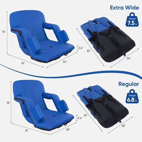 مقعد استاد قابل للطي مع دعم خلفي قابل للتعديل - كراسي مبيض عادية مقاس 21 بوصة مع مساند للذراعين، حشوة سميكة - كراسي تخييم ذات وسادة استاد، 6 جيوب، أزرق in Kuwait