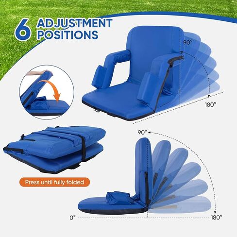 مقعد استاد قابل للطي مع دعم خلفي قابل للتعديل - كراسي مبيض عادية مقاس 21 بوصة مع مساند للذراعين، حشوة سميكة - كراسي تخييم ذات وسادة استاد، 6 جيوب، أزرق in Kuwait