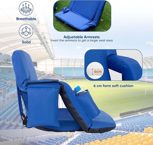 مقعد استاد قابل للطي مع دعم خلفي قابل للتعديل - كراسي مبيض عادية مقاس 21 بوصة مع مساند للذراعين، حشوة سميكة - كراسي تخييم ذات وسادة استاد، 6 جيوب، أزرق in Kuwait