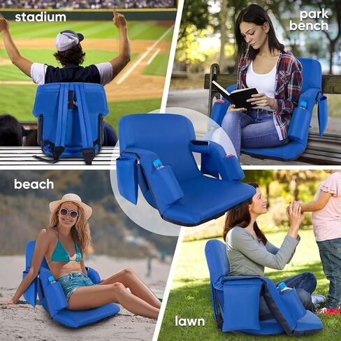 مقعد استاد قابل للطي مع دعم خلفي قابل للتعديل - كراسي مبيض عادية مقاس 21 بوصة مع مساند للذراعين، حشوة سميكة - كراسي تخييم ذات وسادة استاد، 6 جيوب، أزرق in Kuwait