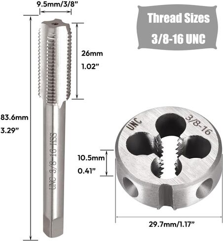 2 قطعة 3/8 "-16 UNC مجموعة الصنبور والقالب، 3/8 × 16 UNC HSS خيوط مجموعة قوالب الصنبور، آلة الناي المستقيمة الحنفية سبيكة أداة الصلب جولة الموضوع يموت اليد اليمنى، المسمار التنصت أداة الخيوط in Kuwait