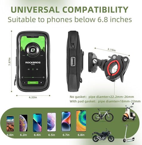 ROCKBROS Bike Phone Mount Bag Bicycle Phone Holder Waterproof Bike Bag 360°Rotatable Shockproof Handlebar Cycling Pouch Bike Accessories Motorcycle Cell Phone Holder Below 6.8"with Rain Cover in Saudi Arabia