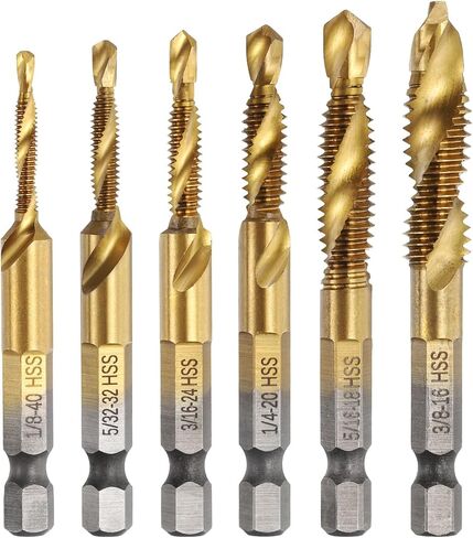 مجموعة أدوات حفر الحنفية المكونة من 6 قطع من uxcell 1/8-40 BSW إلى 3/8-16 BSW فولاذ عالي السرعة 1/4 بوصة ساق سداسية مطلية بالتيتانيوم in Saudi Arabia