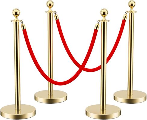LOVMOR Stainless Steel Stanchion Post, 5 FT Red Carpet Ropes and Poles, 4 pcs Gold Stanchions with Red Rope, Hollow Base and Velvet Ropes Safety Barriers Set, Carpet Runner for Party in Kuwait