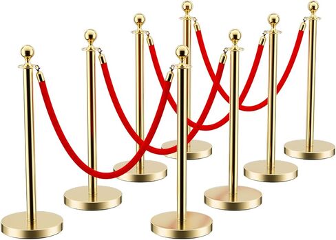 LOVMOR Stainless Steel Stanchion Post, 5 FT Red Carpet Ropes and Poles, 4 pcs Gold Stanchions with Red Rope, Hollow Base and Velvet Ropes Safety Barriers Set, Carpet Runner for Party in Kuwait