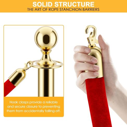 LOVMOR Stainless Steel Stanchion Post, 5 FT Red Carpet Ropes and Poles, 4 pcs Gold Stanchions with Red Rope, Hollow Base and Velvet Ropes Safety Barriers Set, Carpet Runner for Party in Kuwait