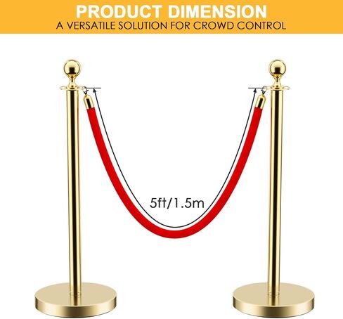 LOVMOR Stainless Steel Stanchion Post, 5 FT Red Carpet Ropes and Poles, 4 pcs Gold Stanchions with Red Rope, Hollow Base and Velvet Ropes Safety Barriers Set, Carpet Runner for Party in Kuwait