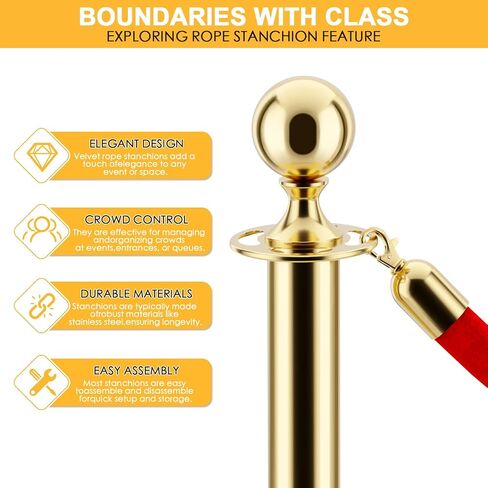 LOVMOR Stainless Steel Stanchion Post, 5 FT Red Carpet Ropes and Poles, 4 pcs Gold Stanchions with Red Rope, Hollow Base and Velvet Ropes Safety Barriers Set, Carpet Runner for Party in Kuwait