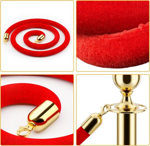 LOVMOR Stainless Steel Stanchion Post, 5 FT Red Carpet Ropes and Poles, 4 pcs Gold Stanchions with Red Rope, Hollow Base and Velvet Ropes Safety Barriers Set, Carpet Runner for Party in Kuwait