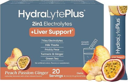 Hydralyte Liver Support + Electrolyte Mix with Milk Thistle, Turmeric, Ginger, Prickly Pear, Green Tea Extract Formulated for Rapid Rehydration (Peach Passion Ginger, 20 Packets) in Saudi Arabia