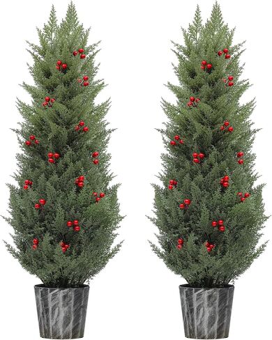 YITAHOME Artificial Cedar Topiary Trees 4FT, UV Resistant Fake Cypress Trees Faux Cedar Topiary Evergreen Potted Plants with red Berries for Home Porch, Office, Indoor Outdoor Decoration (2pcs) in Saudi Arabia
