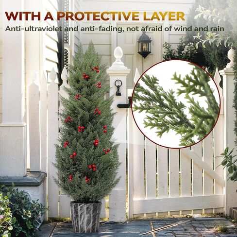 YITAHOME Artificial Cedar Topiary Trees 4FT, UV Resistant Fake Cypress Trees Faux Cedar Topiary Evergreen Potted Plants with red Berries for Home Porch, Office, Indoor Outdoor Decoration (2pcs) in Saudi Arabia