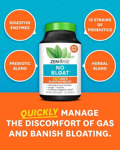 Zenwise Health No Bloat - البروبيوتيك، والإنزيمات الهاضمة للانتفاخ وتخفيف الغازات - الزنجبيل والهندباء واللاكتاز لتحسين الهضم - حبوب نباتية للاحتفاظ بالمياه (48 قطعة) in Kuwait