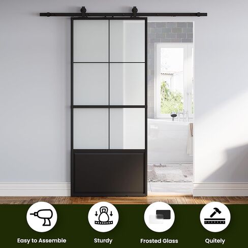 SmartStandard 42in x 84in Frosted Glass Sliding Barn Door,6-Panel Glass with Hardware Kit Included and Soft-Close,Aluminum Frame with Door Guides Waterproof & Quiet,Pre-Drilled Holes Easy Assembly in Saudi Arabia