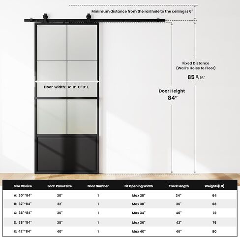SmartStandard 42in x 84in Frosted Glass Sliding Barn Door,6-Panel Glass with Hardware Kit Included and Soft-Close,Aluminum Frame with Door Guides Waterproof & Quiet,Pre-Drilled Holes Easy Assembly in Saudi Arabia