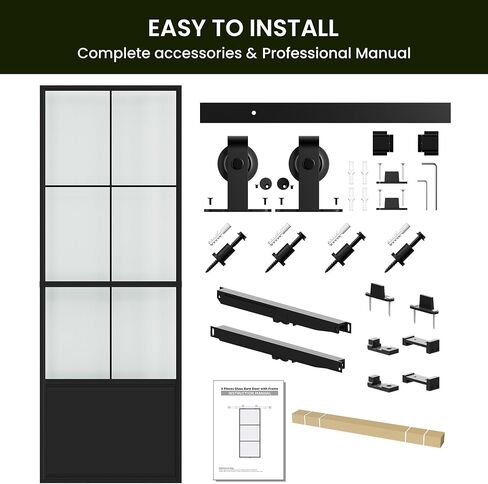 SmartStandard 42in x 84in Frosted Glass Sliding Barn Door,6-Panel Glass with Hardware Kit Included and Soft-Close,Aluminum Frame with Door Guides Waterproof & Quiet,Pre-Drilled Holes Easy Assembly in Saudi Arabia