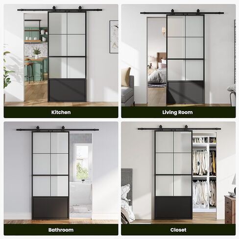 SmartStandard 42in x 84in Frosted Glass Sliding Barn Door,6-Panel Glass with Hardware Kit Included and Soft-Close,Aluminum Frame with Door Guides Waterproof & Quiet,Pre-Drilled Holes Easy Assembly in Saudi Arabia