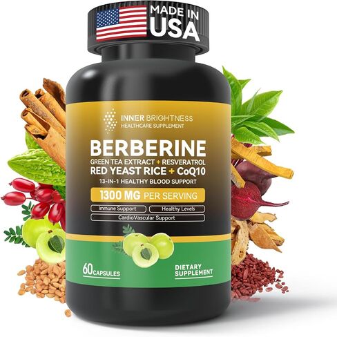 Berberine 1300mg with Green Tea Extract, Resveratrol, Red Yeast Rice & CoQ10 – 13-in-1 Immune Health, Natural Metabolic Support – 60 Capsules – Non-GMO, Lab Tested in Saudi Arabia