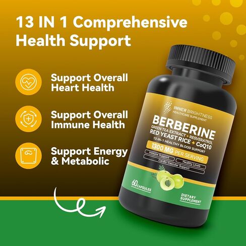 Berberine 1300mg with Green Tea Extract, Resveratrol, Red Yeast Rice & CoQ10 – 13-in-1 Immune Health, Natural Metabolic Support – 60 Capsules – Non-GMO, Lab Tested in Saudi Arabia