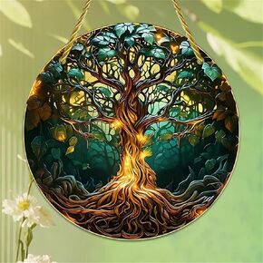 Tree of Life Suncatcher for Windows Large Round Stained Window Hanging Acrylic Panels Bedroom Garden Kitchen Wall Decor Gifts for Women Mom Grandma Teacher